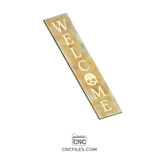 An image of a CNC file showing a Skull Welcome Porch Board design, featuring a bold skull motif.