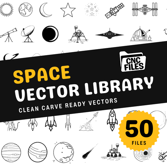 an image of the Space CNC Vector Library cover containing lots of space themed line drawings