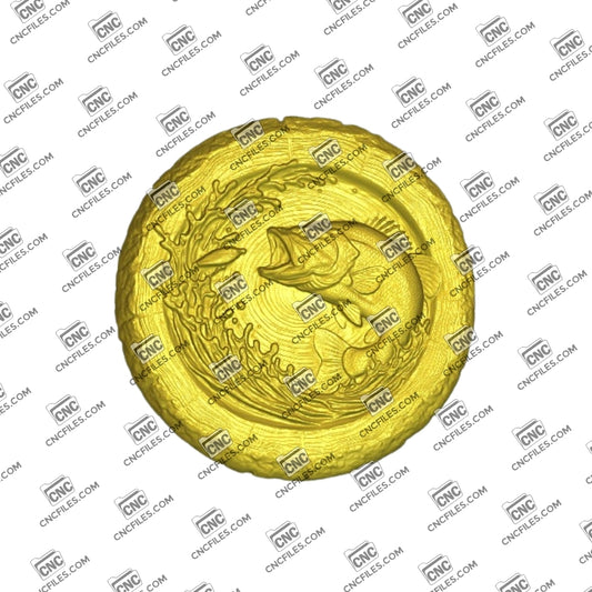An image of 3D CNC file showing Stump Bass 1, 3D render of CNC file showing a detailed bass fish design, perfect for woodworking or custom decor projects.