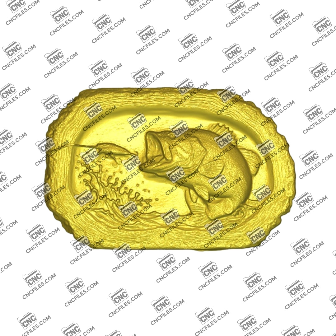 An image of 3D CNC file showing Stump Bass 10, 3D render of CNC file showing a detailed bass fish design, perfect for woodworking or custom decor projects.