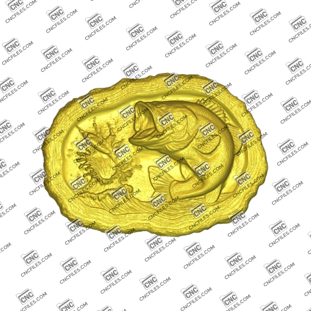 An image of 3D CNC file showing Stump Bass 6, 3D render of CNC file showing a detailed bass fish design, perfect for woodworking or custom decor projects.