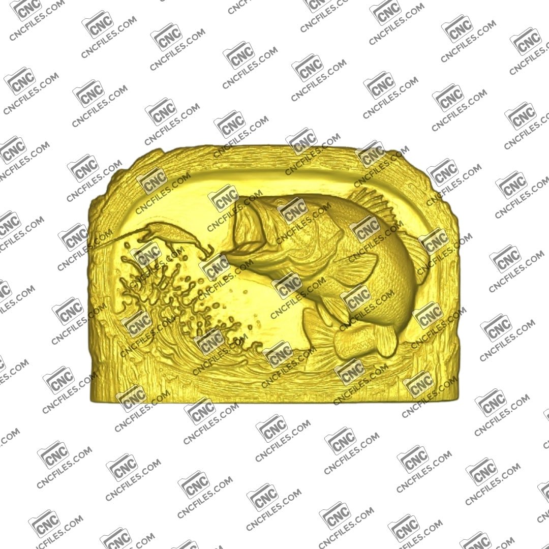 An image of 3D CNC file showing Stump Bass 7, 3D render of CNC file showing a detailed bass fish design, perfect for woodworking or custom decor projects.