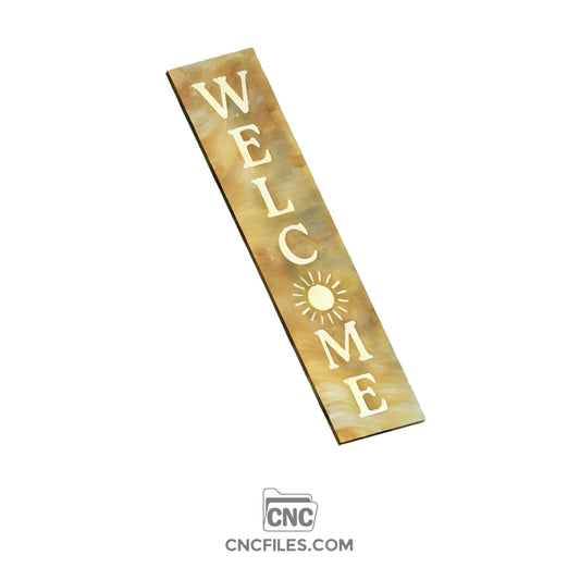 An image of a CNC file showing a Sun Welcome Porch Board design with a decorative sun motif and the word “Welcome”.