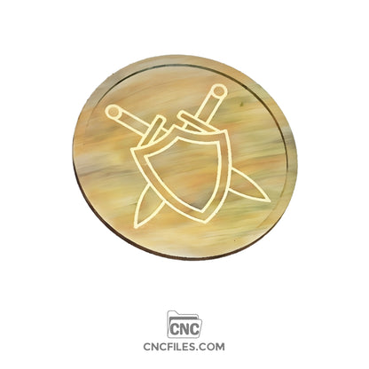 n image of a CNC file showing a swords and shield tray design with detailed patterns.