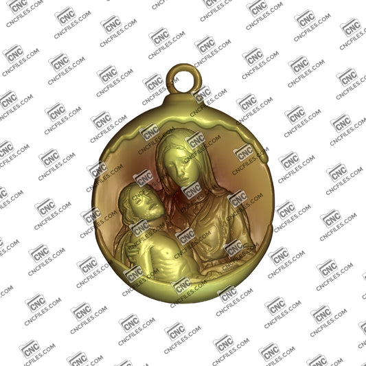 An image of a CNC file showing The Pietà Ornament and a 3D render of the CNC file showing a detailed sculpture of Mary holding Jesus.