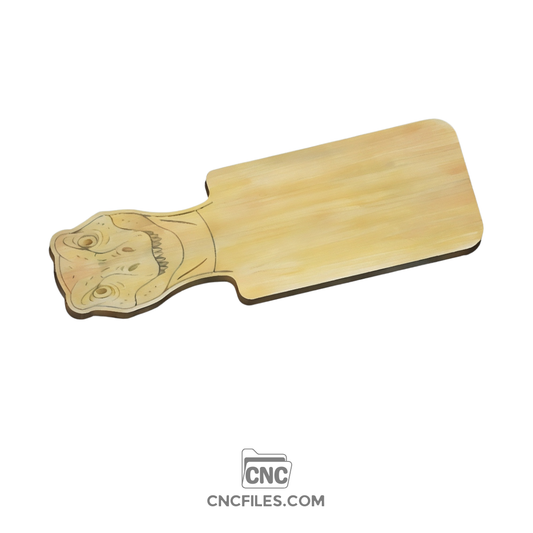 An image of a CNC file for a Velociraptor-shaped cheese board, ready for cutting and crafting.