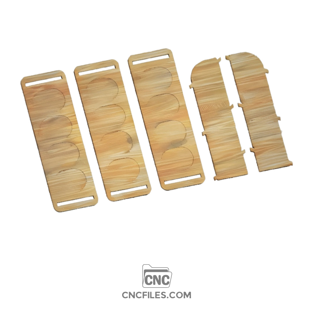 An image of a CNC file showing a Whiskey Stand with organized slots for glasses and smoker kit.