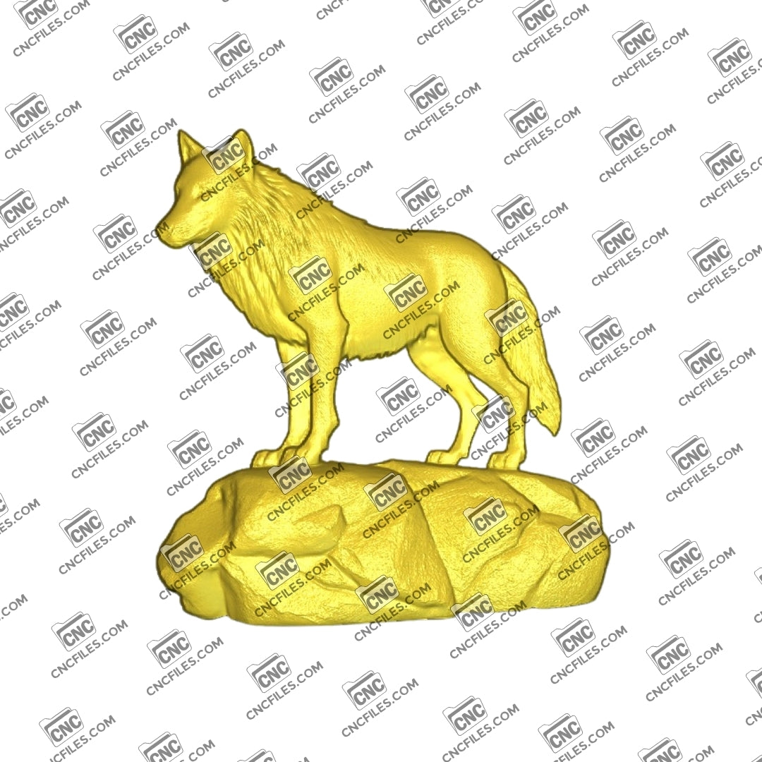 An image of 3D CNC file showing a detailed wolf standing on rocks. This 3D relief design is perfect for woodworking, CNC carving.