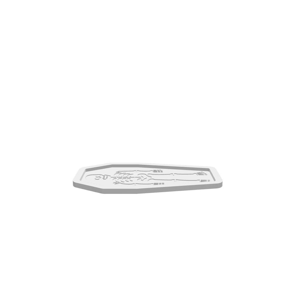 GLB file of Wooden coffin-shaped Halloween tray, with a skeleton engraved on the inside 