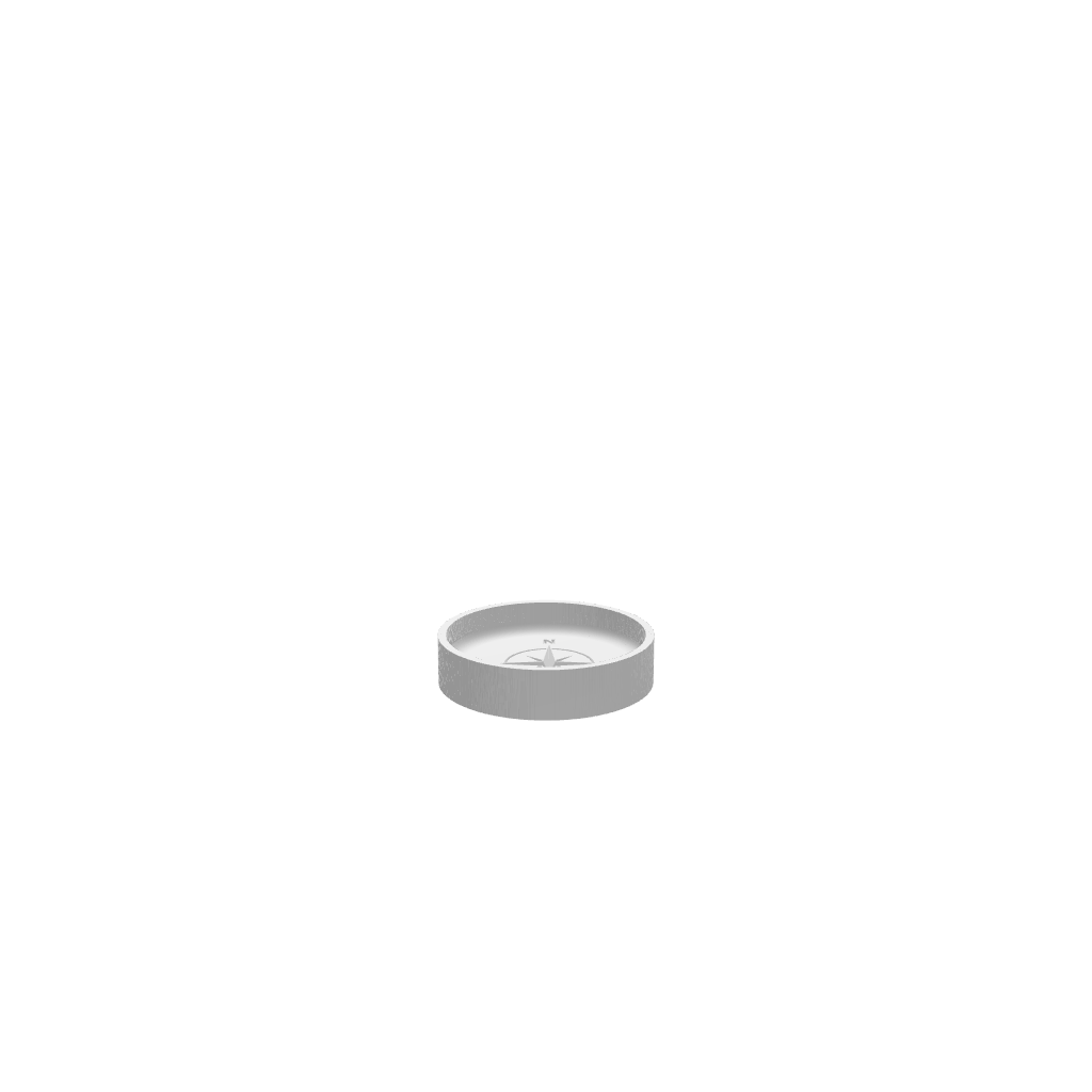 GLB file of Round compass-themed ring dish with engraved directional design, perfect for holding jewelry or small accessories.