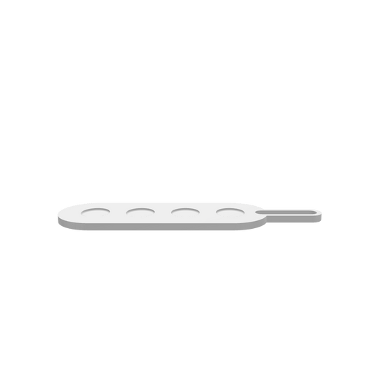 3D render of CNC file showing a gap handle beer flight board with four round slots for serving craft beer.