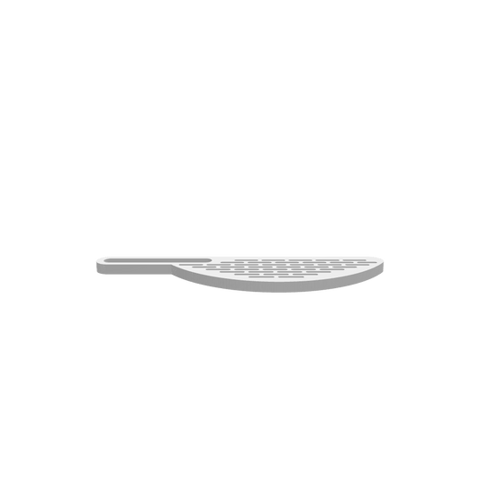 A 3D render of CNC file showing a Gap Handle Colander model with detailed perforations and ergonomic handle placement.