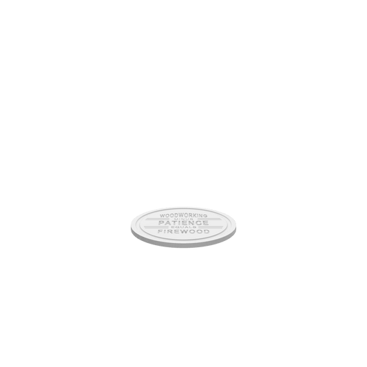 A 3D render of the CNC file showing a circular sign with the words "woodworking minus patience equals firewood" engraved on it