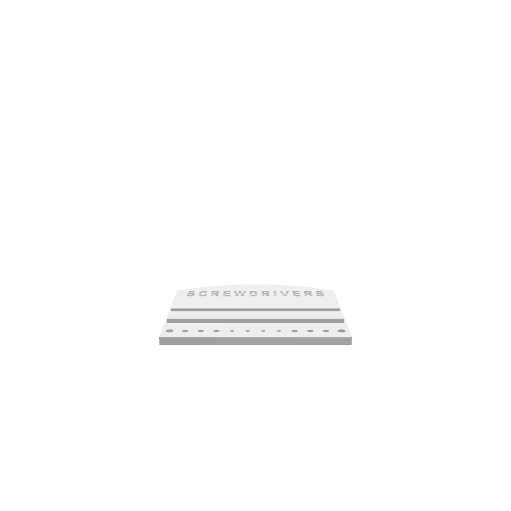 A 3D render of CNC file showing a minimalist screwdriver holder featuring precise cutouts for holding screwdrivers neatly in place.