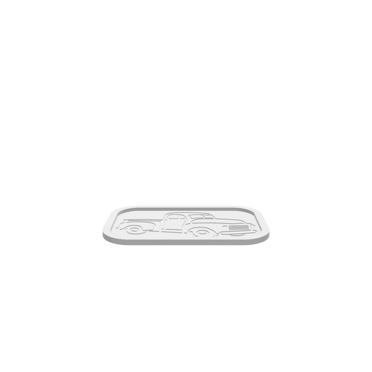 A 3D render of CNC file showing a rectangular tray featuring an antique farm truck engraved in the base