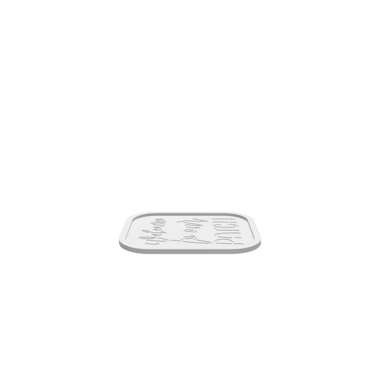 GLB file of wooden tray with an engraving of "welcome to our patch" on the base